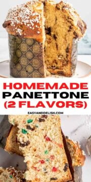 photo collage showing panettone whole and sliced