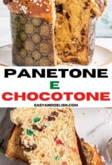 foto colagem mostrando panetone e chocotone inteiro e fatiado