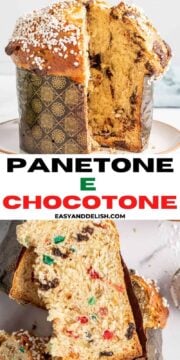 foto colagem mostrando panetone e chocotone inteiro e fatiado
