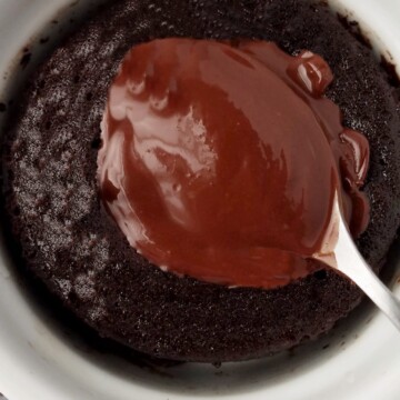 close up of chocolate lava mug cake with a molten center