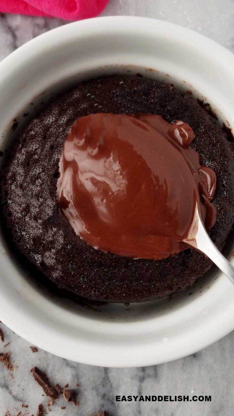 close up of chocolate lava mug cake with a molten center