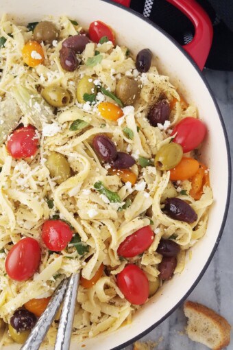 half pan of Mediterranean pasta