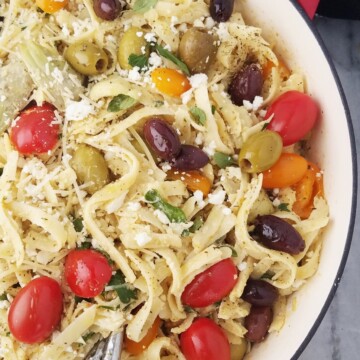 half pan of Mediterranean pasta