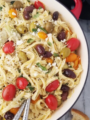 half pan of Mediterranean pasta