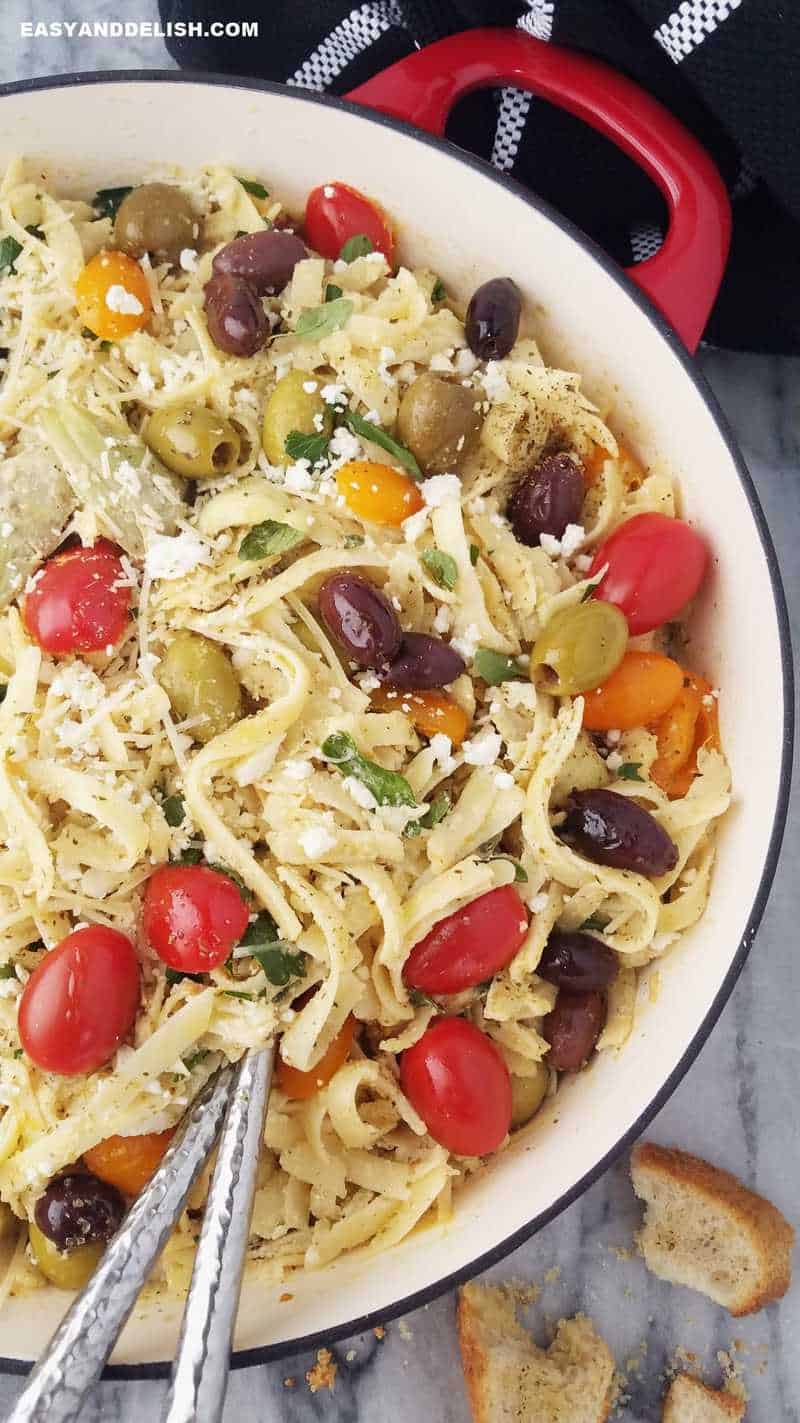 half pan of Mediterranean pasta