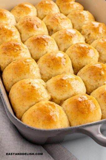 oat rolls brushed with honey butter in a baking dish