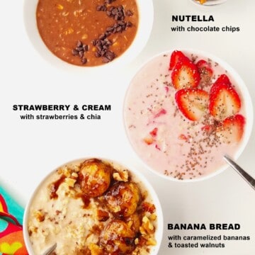 3 bowls of protein overnight oats in different flavors