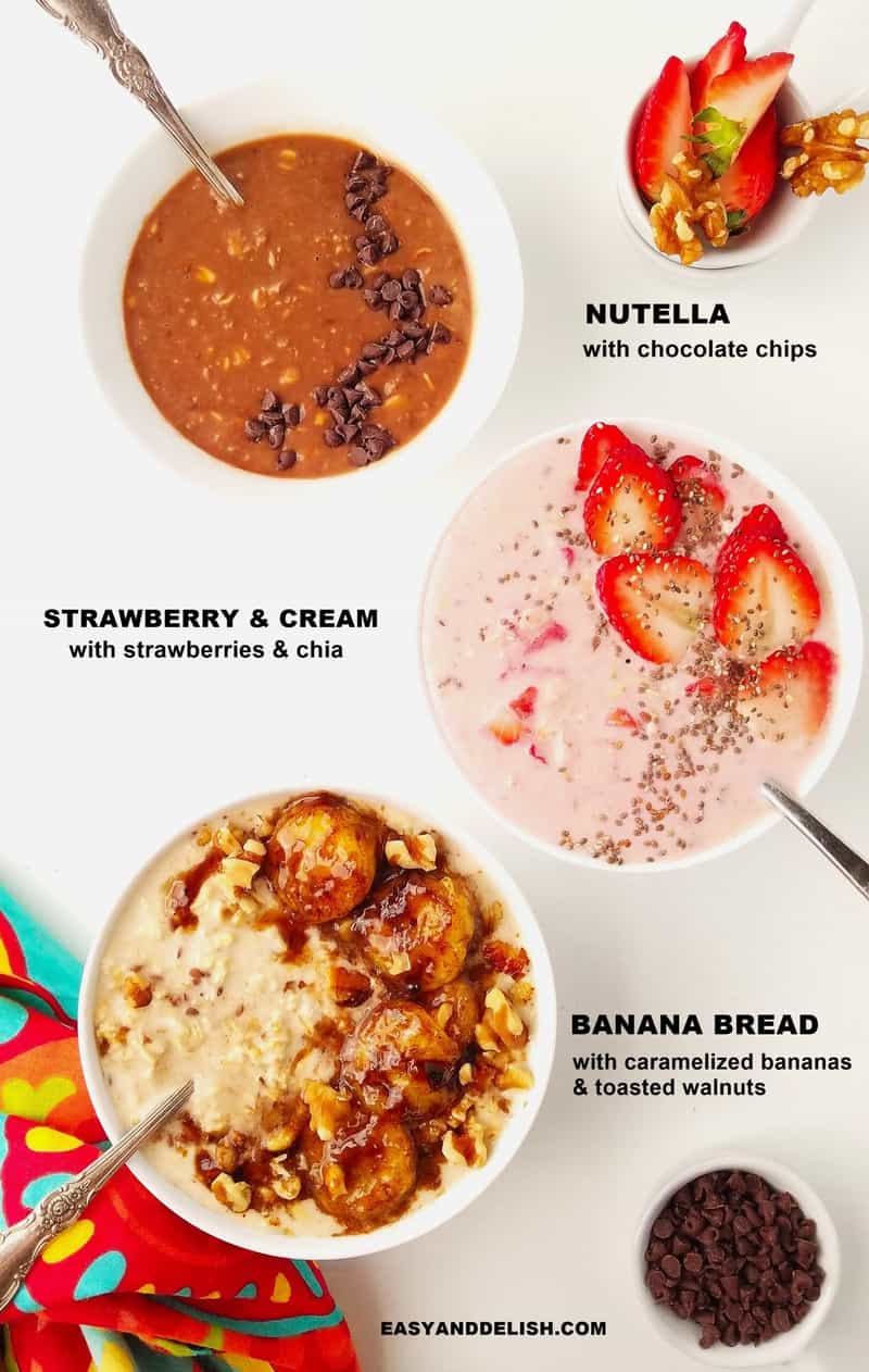 3 bowls of protein overnight oats in different flavors