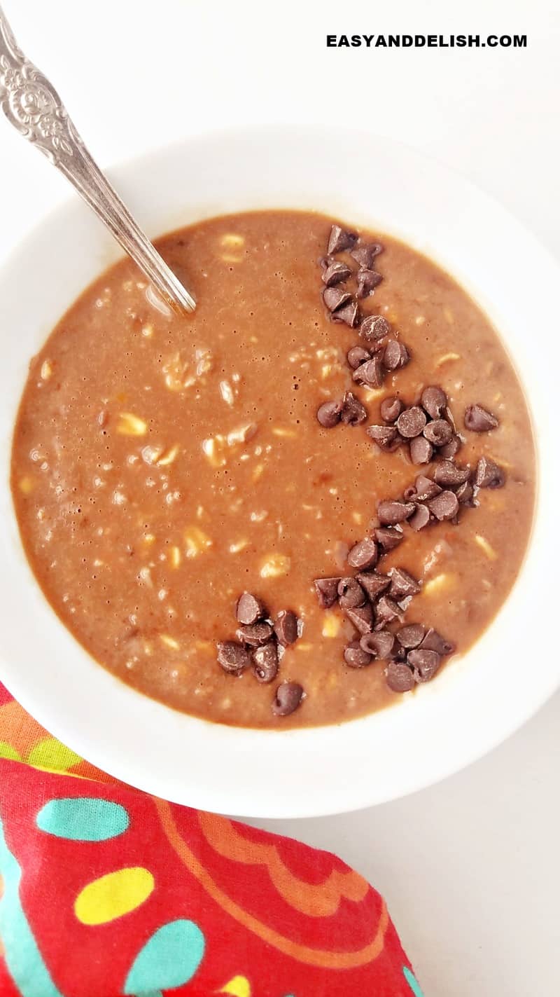 a bowl of nutella high protein overnight oats with chocolate chips on top