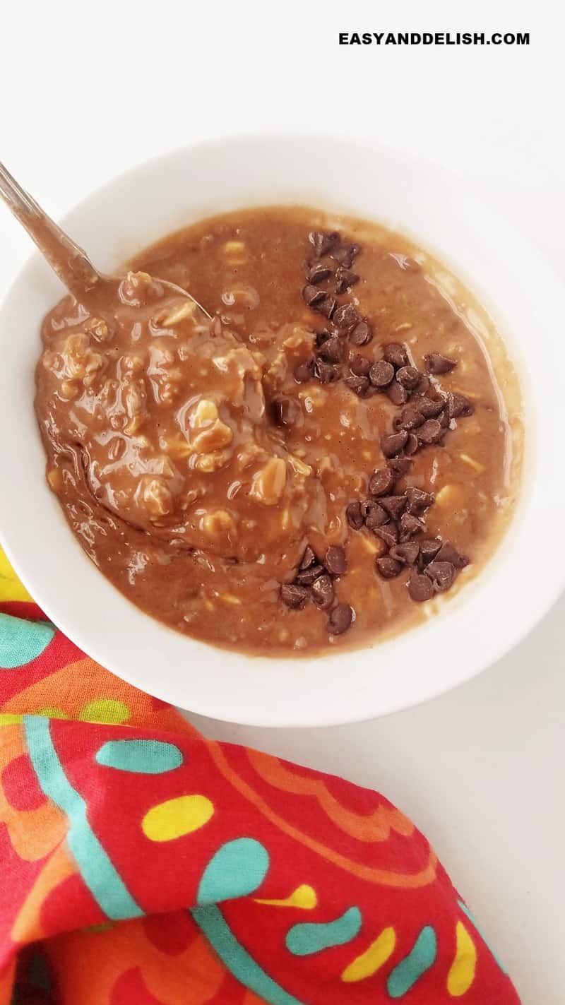 a bowl of nutella oatmeal with mini chocolate chips