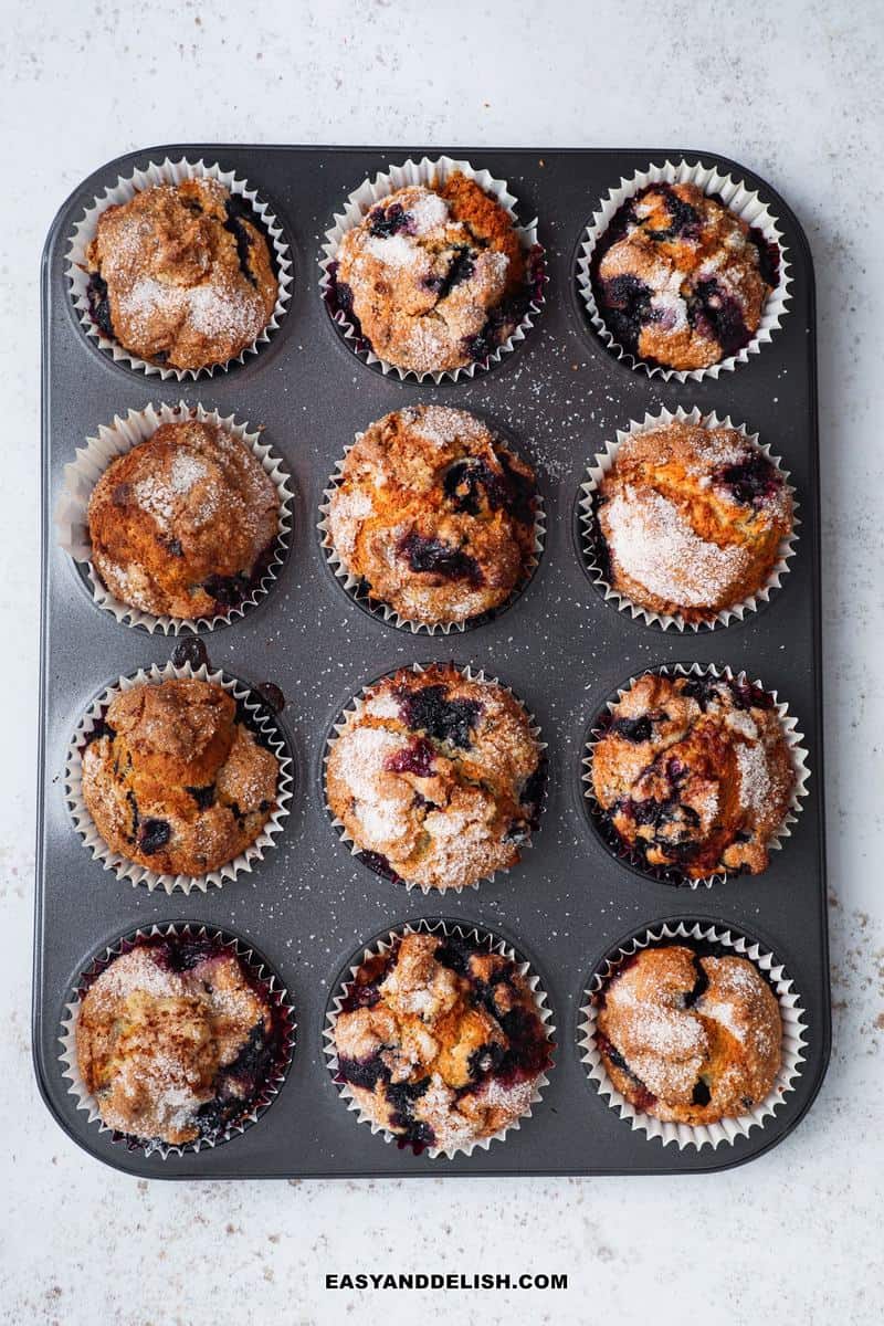 a muffin pan with Jordan Marsh blueberry muffins