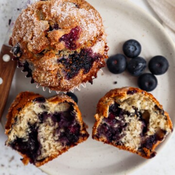 a plate with both whole and halved Jordan Marsh blueberry muffins
