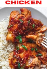 close up of a plate with slow cooker chicken thighs and rice