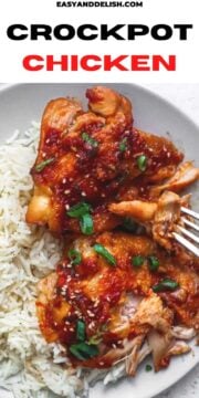 close up of a plate with slow cooker chicken thighs and rice