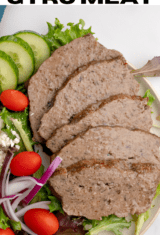 a plate of easy gyro meat sliced with low carb veggies