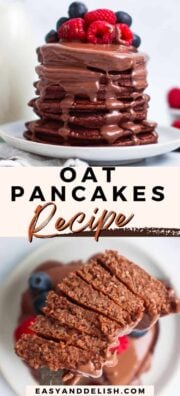 photo collage showing a stack of oat flour pancakes both whole and sliced