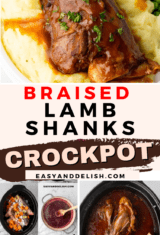photo collage showing braised lamb shanks in a slow cooker