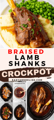 photo collage showing braised lamb shanks in a slow cooker