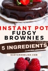 2-fram photo collage showing instant pot brownies both whole and sliced