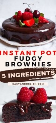 2-fram photo collage showing instant pot brownies both whole and sliced