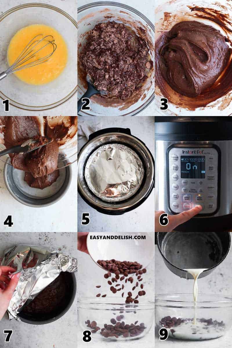 photo collage showing instant pot brownies steps 