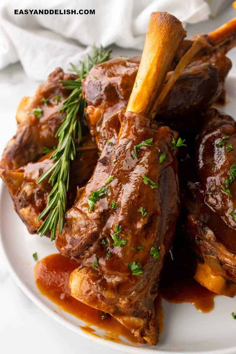 close up of braised lamb shanks