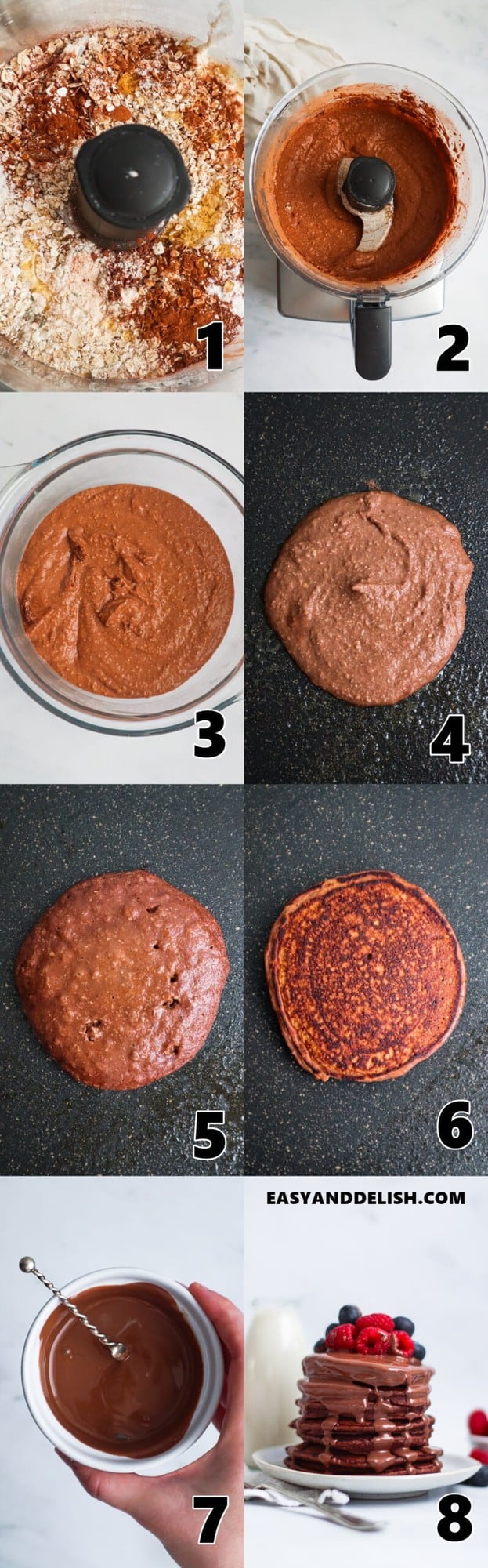 photo collage showing how to make oat flour pancakes step-by-step