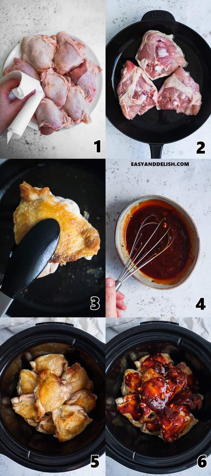 photo collage showing how to amke chicken thighs in slow cooker step-by-step