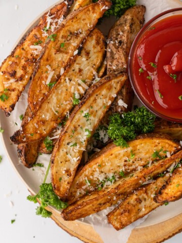 air fryer potato wedges with a side sauce and herbs