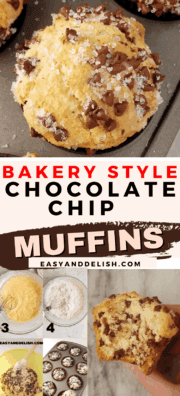 photo collage showing bakery style chocolate chip muffins and how to make them