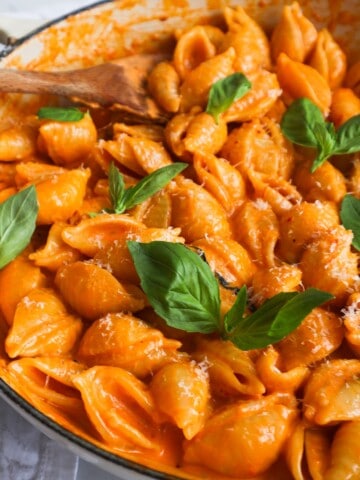 close up image of Gigi Hadid spicy vodka pasta in a pan