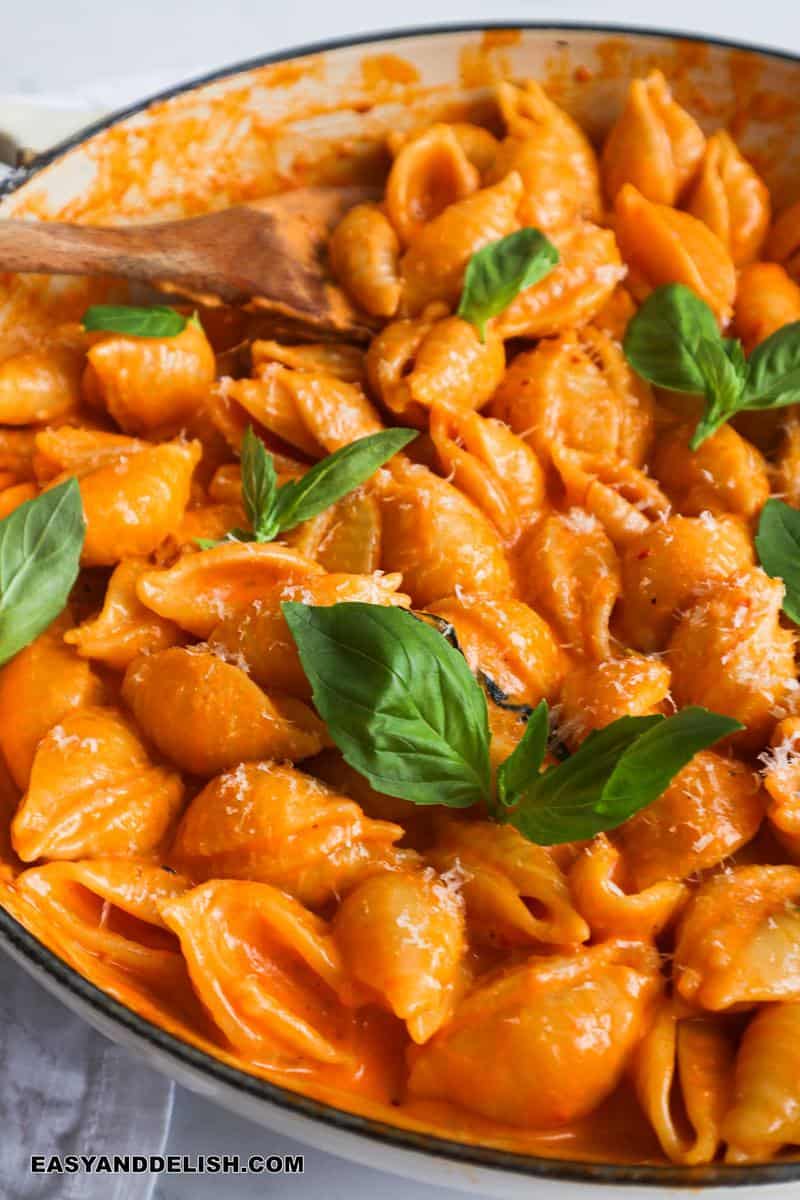 close up image of Gigi Hadid spicy vodka pasta in a pan 