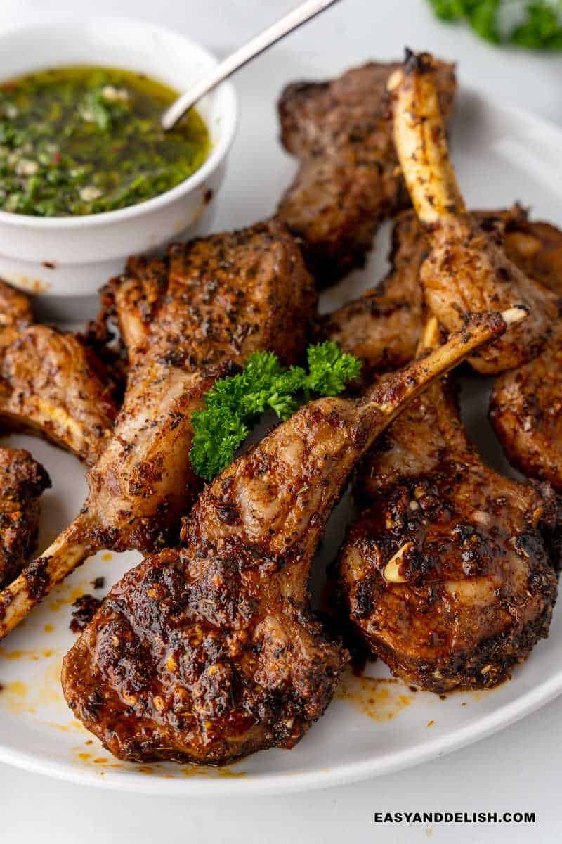 close up of several air fryer lamb chops in a platter