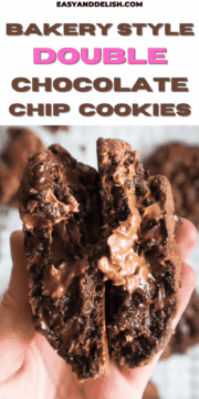 close up of a double chcoolate chip cookie showing the soft, goeey center