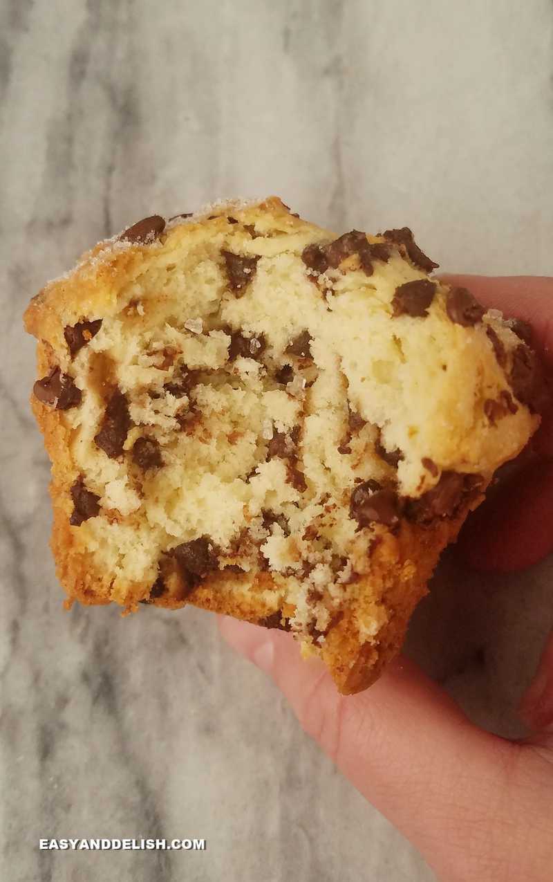 close up of half chocolate chip muffin
