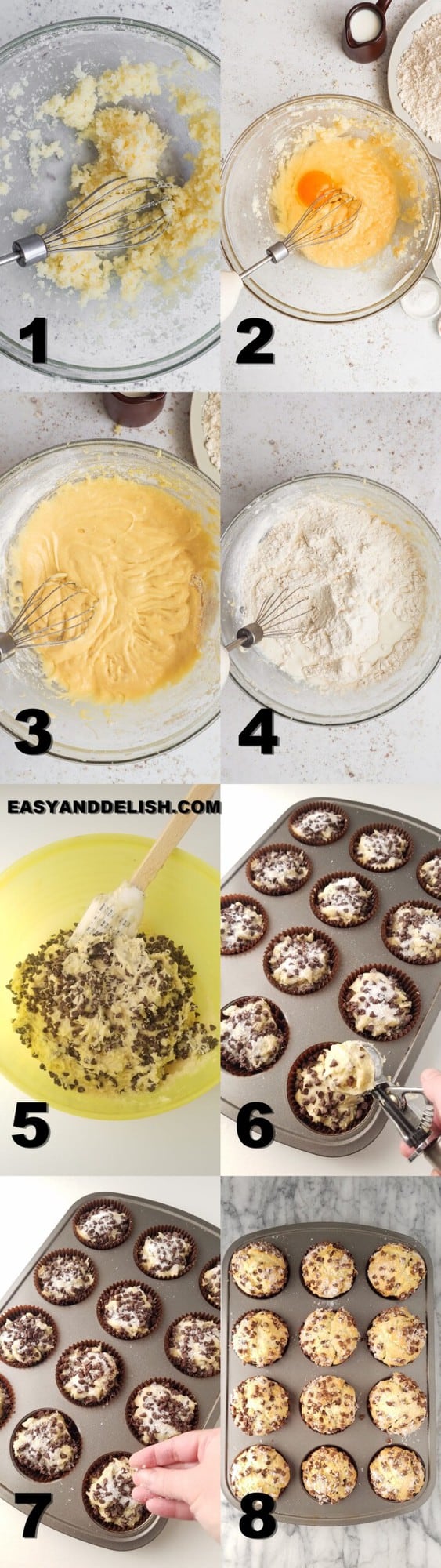 photo collage showing how to make chocolate chip muffins 