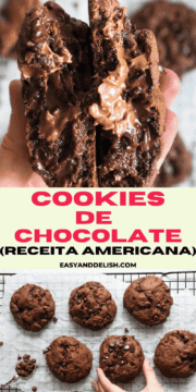 foto colagem mostrando cookies de chocolate inteiros e partido ao meio