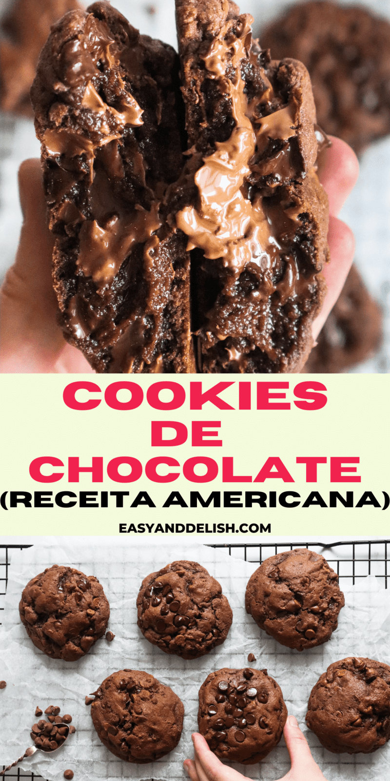 foto colagem mostrando cookies de chocolate inteiros e partido ao meio