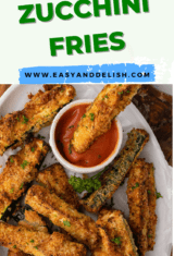 close up image of air fryer zucchini dipped in sauce