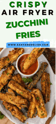 close up image of air fryer zucchini dipped in sauce