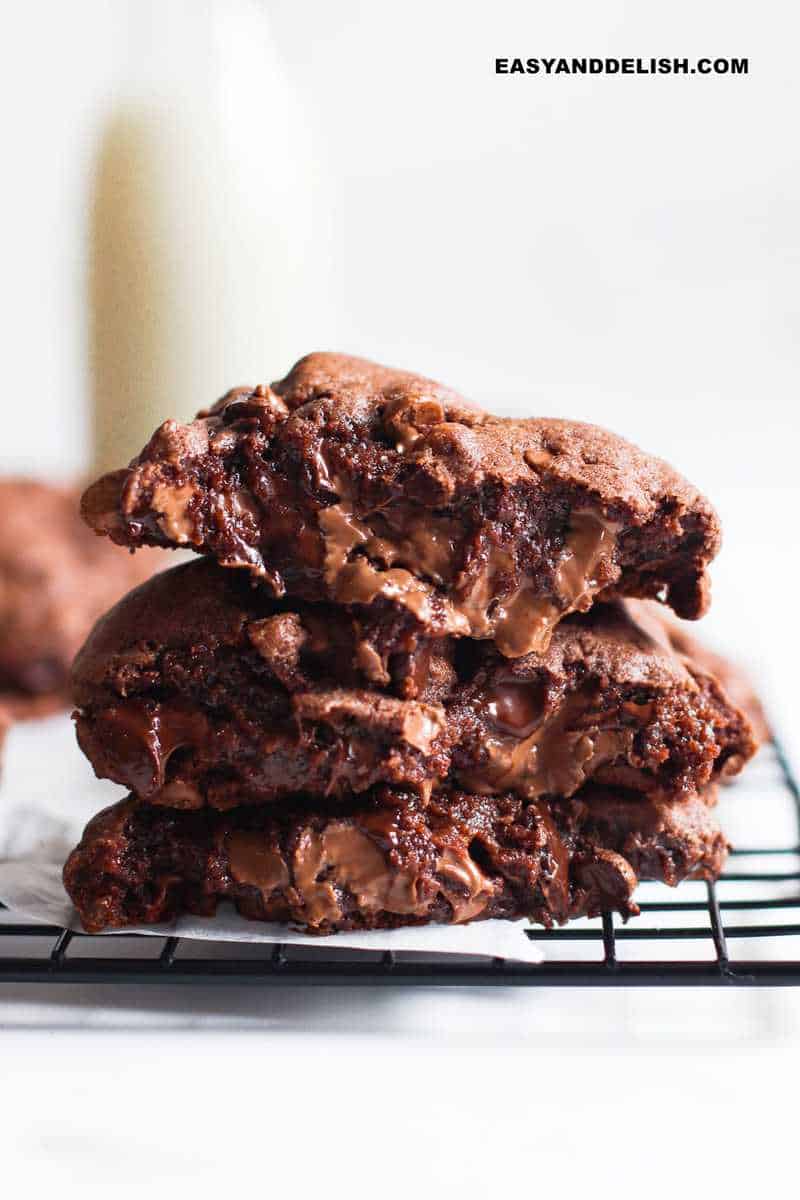 a pile of double chocolate chip cookies