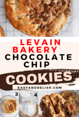 image collage showing how to make levain bakery chocolate chip cookies and the baked cookies