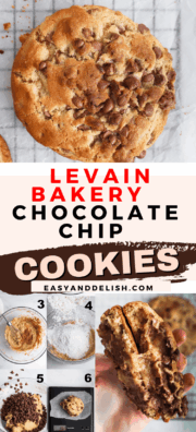 image collage showing how to make levain bakery chocolate chip cookies and the baked cookies
