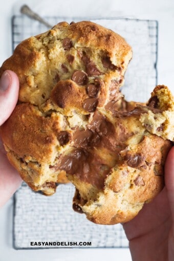 One cookie of a small batch chocolate chip cookies split in half showing goeey center.