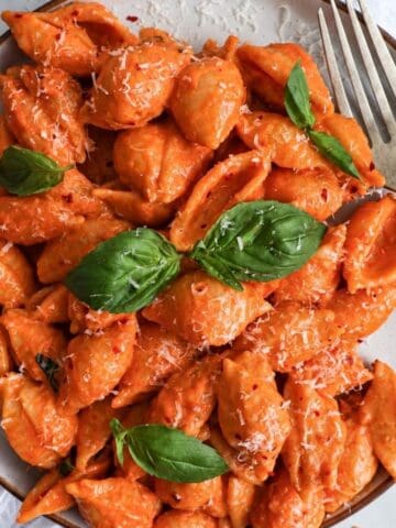 Spicy vodka pasta topped with Parmesan and fresh basil.