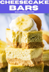 close up o banana pudding cheesecake bars stacked in a pile