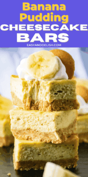 close up o banana pudding cheesecake bars stacked in a pile
