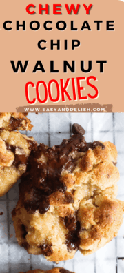 close up of chocolaet chip walnut cookies cut in half