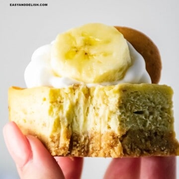 a close up of banana pudding cheesecake bar