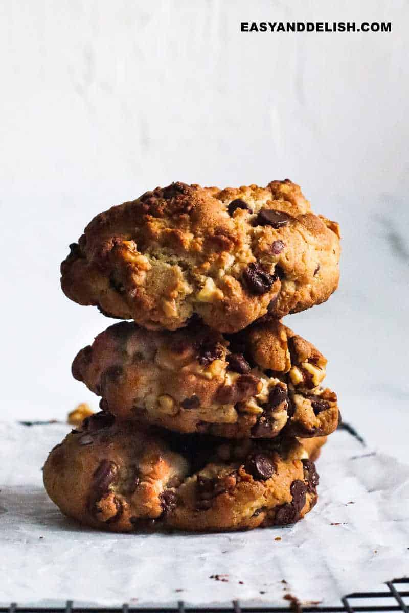 a stack of chewy chocoalet chip walnut cookies